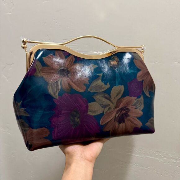 Floral Print Cowhide Leather Handmade Double Kisslock Top Handle Bag/Crossbody - Picture 6 of 15